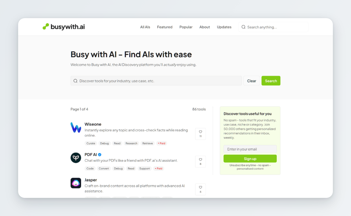 Homepage of Busy with AI